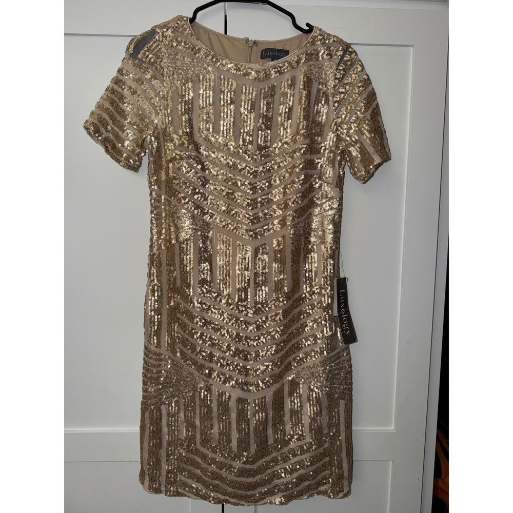 Luxology Women Antique Gold Sequin Geometric Shift Cocktail Dress 246121P3M 6